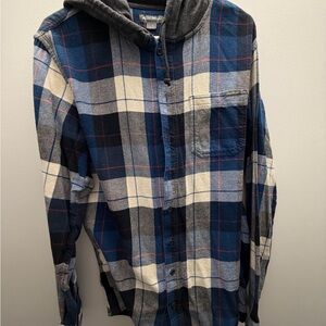 Eddie Bauer Blue and Gray Plaid Hooded Shirt